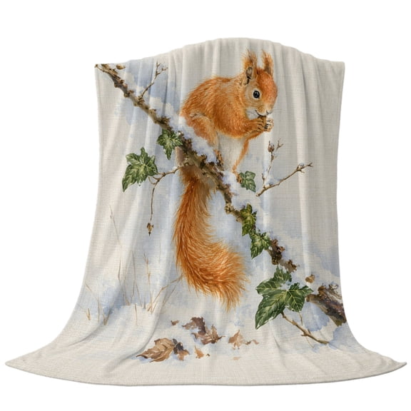 Winter Squirrel Throw Flannel Blanket Country Vintage Farmhouse Tree Snow Green Leaf Super Soft Cozy Bed Blanket, Lightweight Plush Fuzzy Bed Throw for Bedroom Sofa Couch Living Room 30x40in