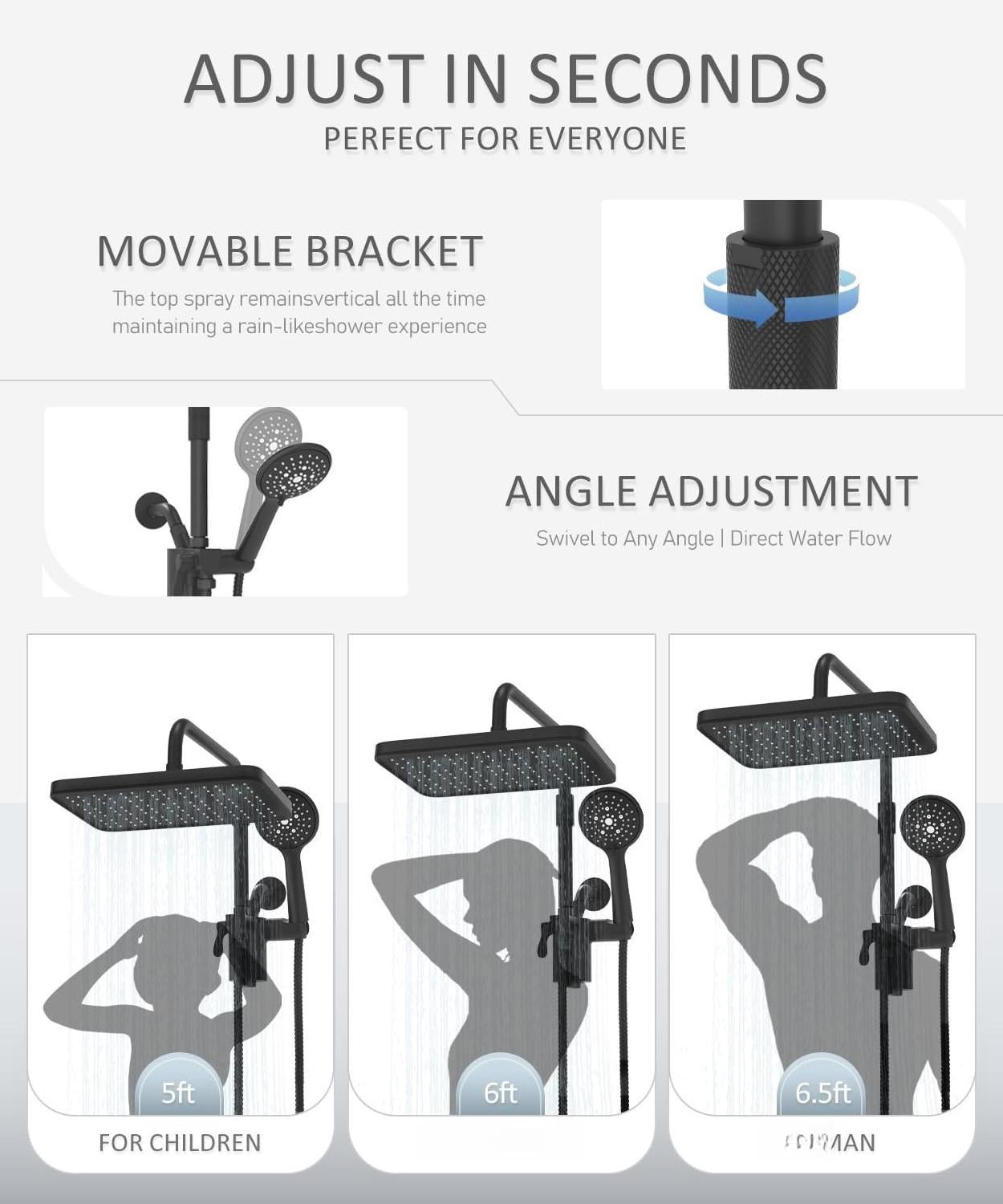 Black Handheld Filtered Shower Head with 12 Inch Rain Adjustable Extension Arm Dual Filter Kit