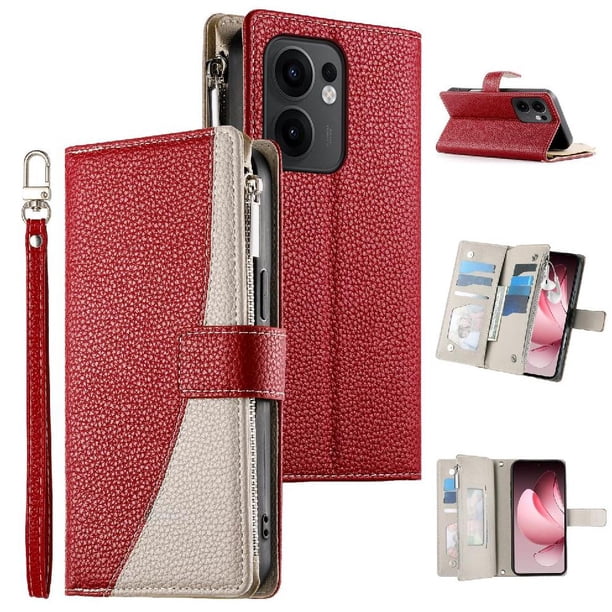 Funda cartera GANGXUN para OPPO Reno 13F , cuero PU con tarjetero, cremallera, correa de mano, soporte y protección 809°