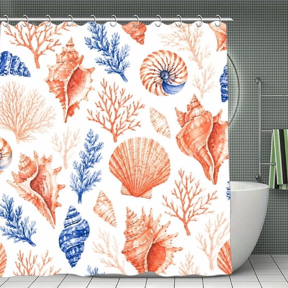 Beach Shower Curtain 70.8×70.8Inch Seashell Coral Pattern Shower Curtain Summer Ocean Theme Shower Curtain for Bathroom Decor,Fabric Waterproof with Hooks