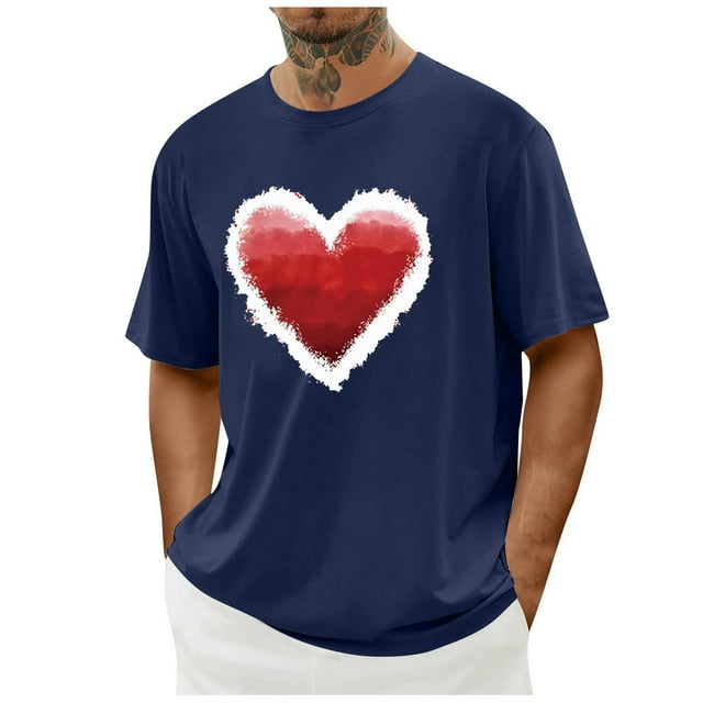Tops para hombre, blusas y camisas de cuello redondo y manga corta para hombre. Camiseta/camisa informal de cuello redondo y manga corta con estampado de corazones para hombre. Tops de poliéster para