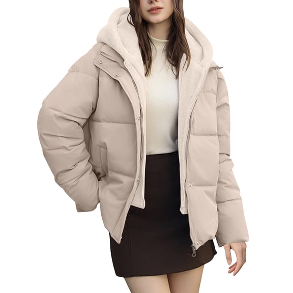 Kukoosong Women's Winter Down Jackets, Women's Solid Color Long Sleeved Hooded Jacket, Zipper Fake Two-piece Fashion Puffer Coats