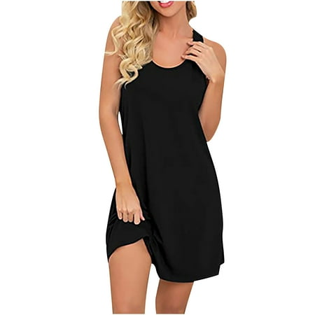 

cllios Casual Dresses for Women O-Neck Sleeveless Sleep Dress Sleepwear For Knee Length Chemise Dresses for Women 2023
