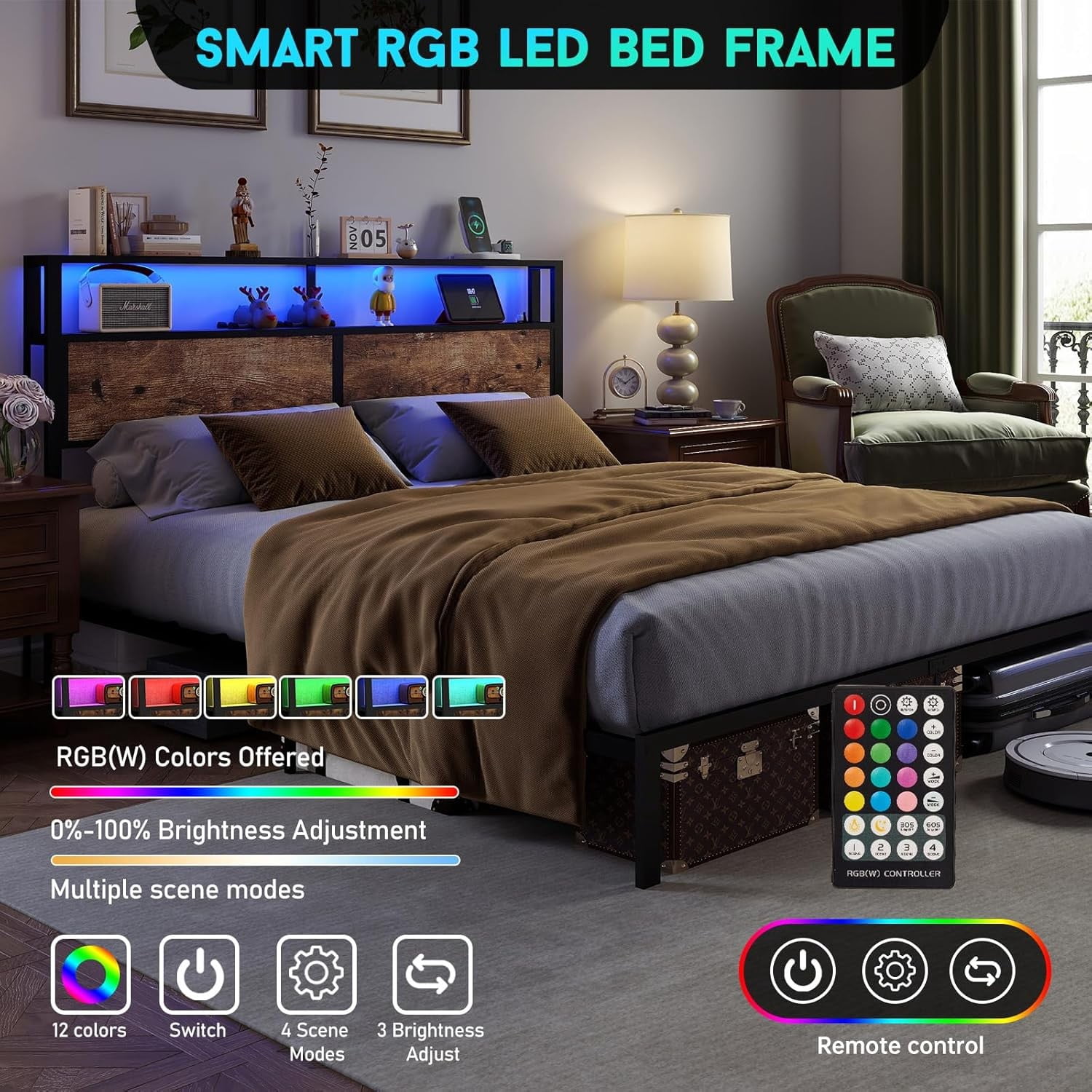 DRNANLIT King Size  Bed Metal Platform Bed Frame with LED Lights ，2 Tiers Storage Headboard,Charging Station,Noise Free, Easy Assembly,Vintage Brown