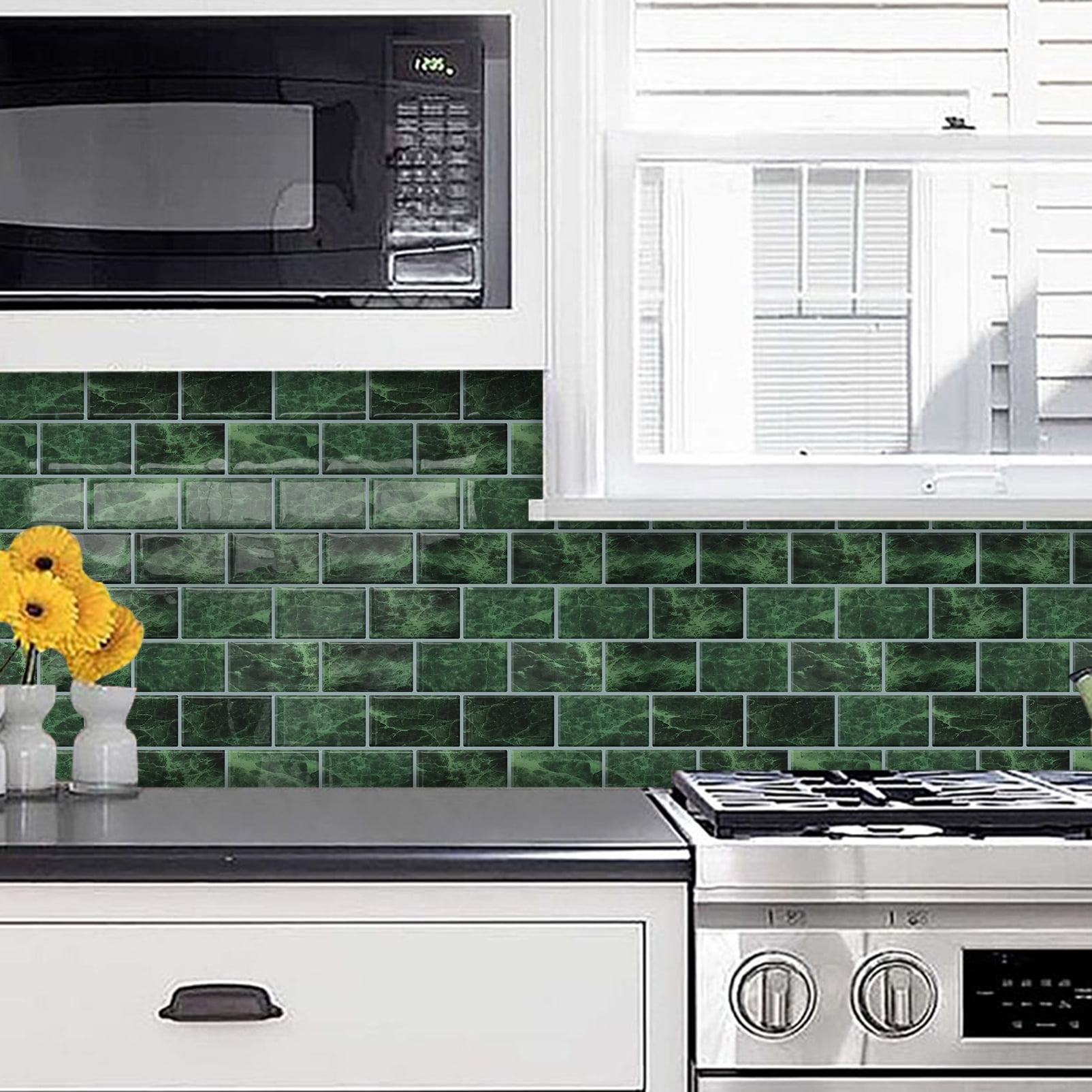 DEWOO Peel and Stick Backsplash - 10 Sheets of 12"×12" - 3D Adhesive Peel and Stick Tile Backsplash for Kitchen, Bathroom, Wall Tile, Green