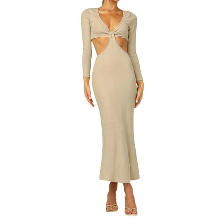 

Seyurigaoka Backless Dress Solid Color Long Sleeve V-neck Cutout One-piece