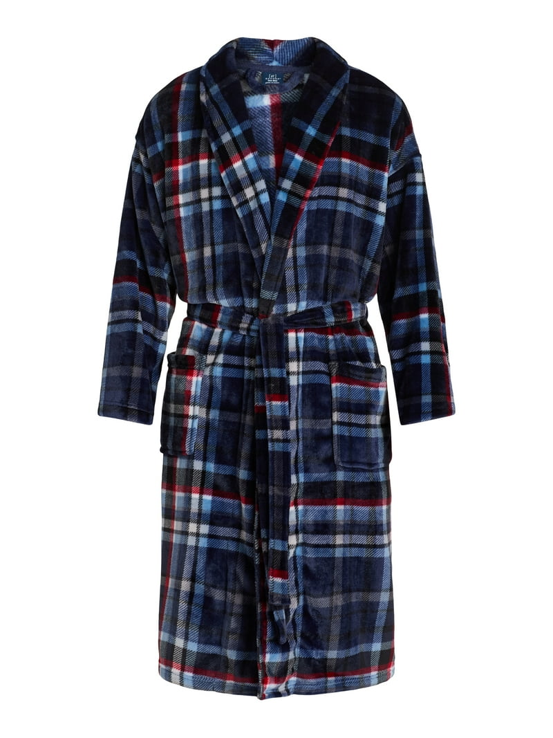 mens dressing gown Men's Gowns | Soft Fleece Robes this dressing gown is crafted from pure cotton batiste in a navy and white pin dot print Men's Tasman Luxe Dressing Gown