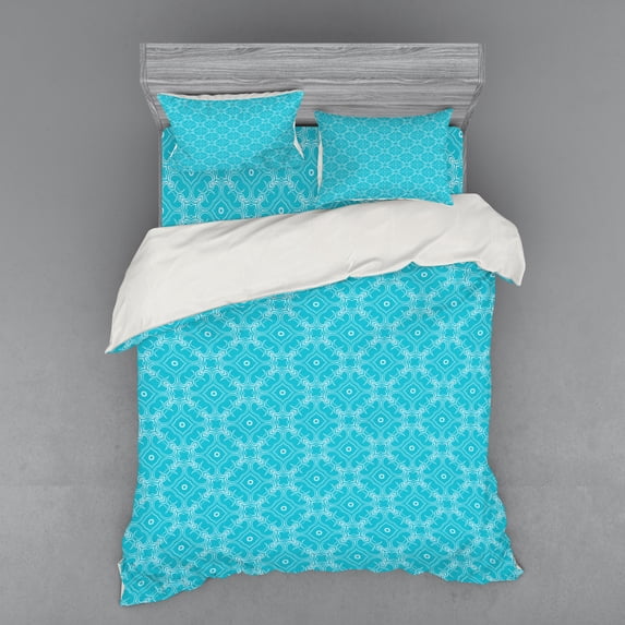 Geometric Duvet Cover Set, Blue Monochrome Style Ornament Geometric Shapes Curved Crescent Moon Motif, Bedding Set with Shams and Fitted Sheet, 3 Sizes, by Ambesonne
