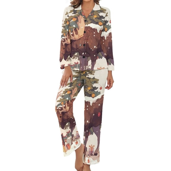 PoBuds Women's Long Sleeve Flannel Pajama Set Sleepwear Merry Christmas Holly Decor M