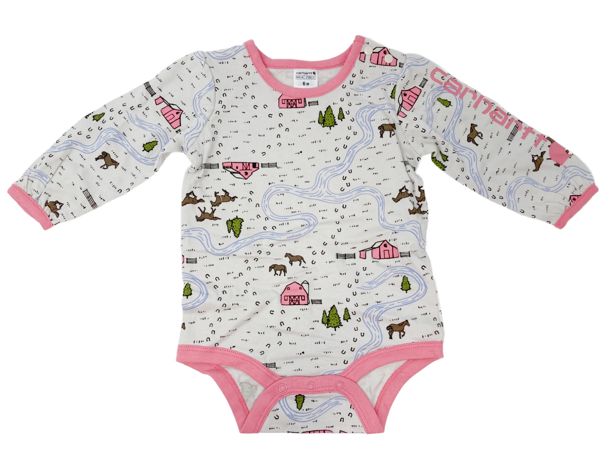 Carhartt Baby Girls Long Sleeve Bodysuit, Overalls, and Bib 3pc Set, Pink Farm Print