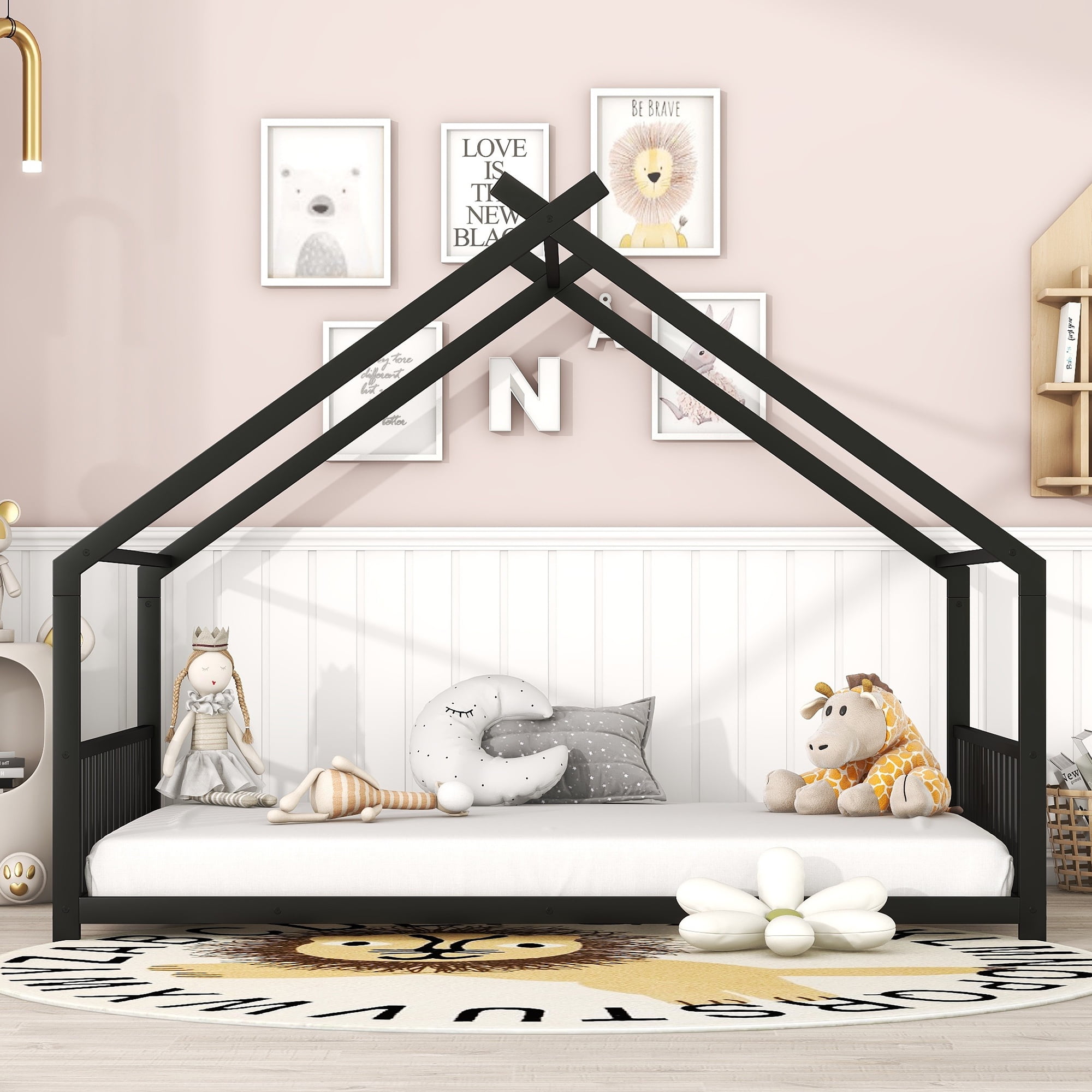 Aukfa Full Size Metal House Bed, Montessori Floor Bed for Kids Toddler, Black