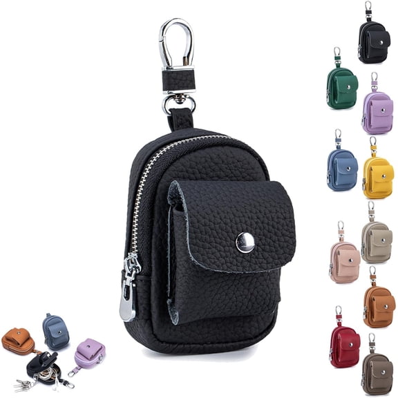 Genuine Leather Mini Backpack Keychain, PU Leather Travel Coin Purse & Makeup Bag with Clip, Compact Organizer