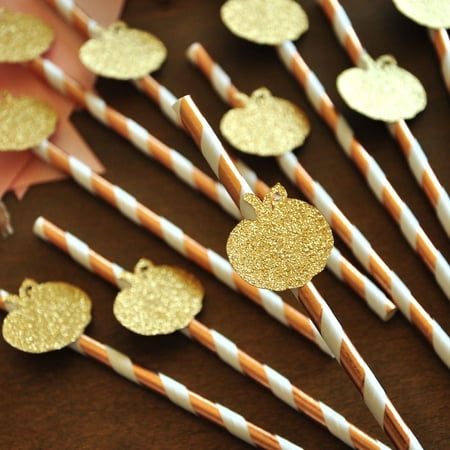 Rose Gold Straws with Pumpkins 10CT. Little Pumpkin Baby Shower Decorations. Rose Gold Party Supplies.