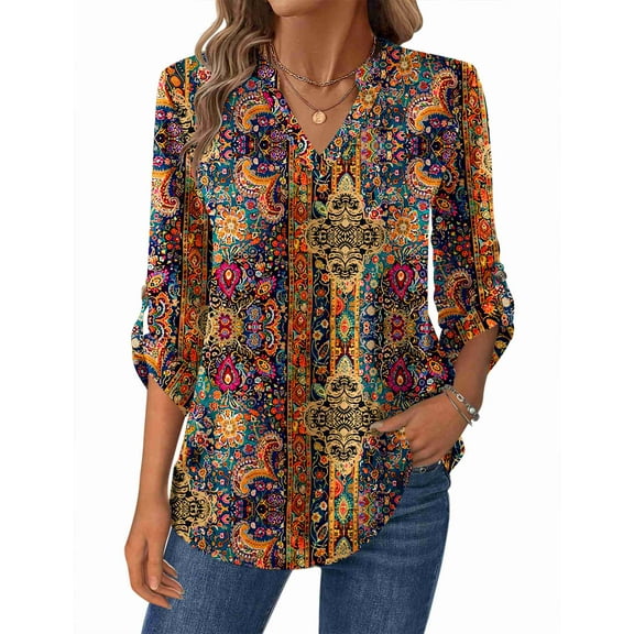 Zeagoo Women's Shirts Dressy Casual Long Sleeve Tops V Neck Floral Blouses Business Work Tee Tshirts