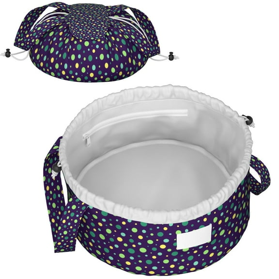 Fashionable Full-Print Drawstring Cosmetic & Makeup Bag – Large Portable Makeup Organizer with Inner Zipper Pocket & Mesh Compartment, Travel Toiletry Bag for Women