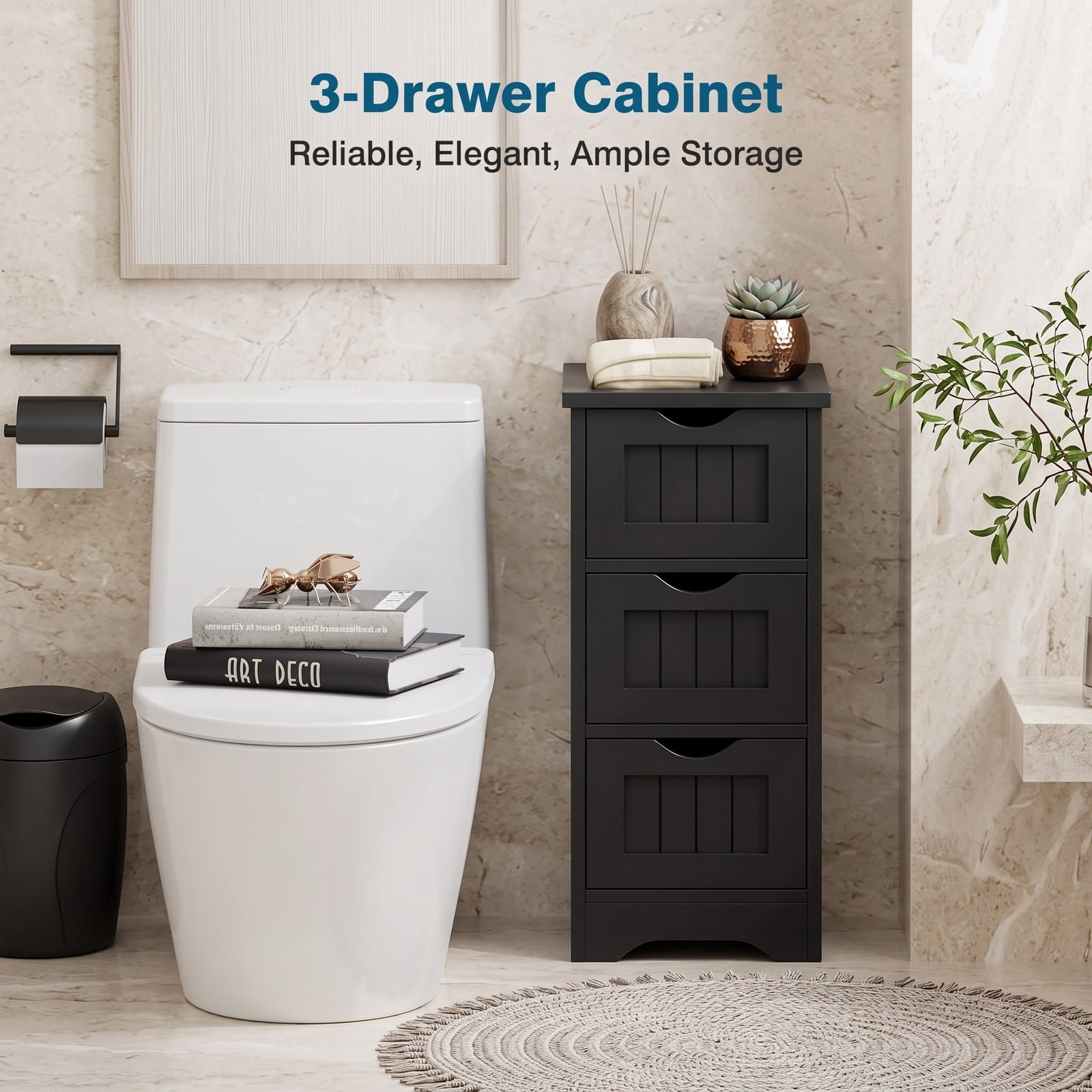 Fenbeli Bathroom Floor Storage Cabinet with 3 Drawers, Freestanding Slim MDF Organizer Tower for Small Bathroom Bedroom, Space-Saving Nightstand Side End Table, Black