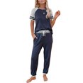 thumbnail image 3 of Traje de dos piezas deportivo informal de manga corta con rayas en contraste suelto a la moda para mujer Wmkox8yi  bvn2716, 3 of 8