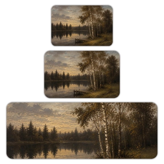 RKSupls Kitchen Rug Set 3 Piece Anti-Slip Flannel Floor Mats, Woodland Path Morning Washable Absorbent Runner Mats for Kitchen Bathroom Home Decor