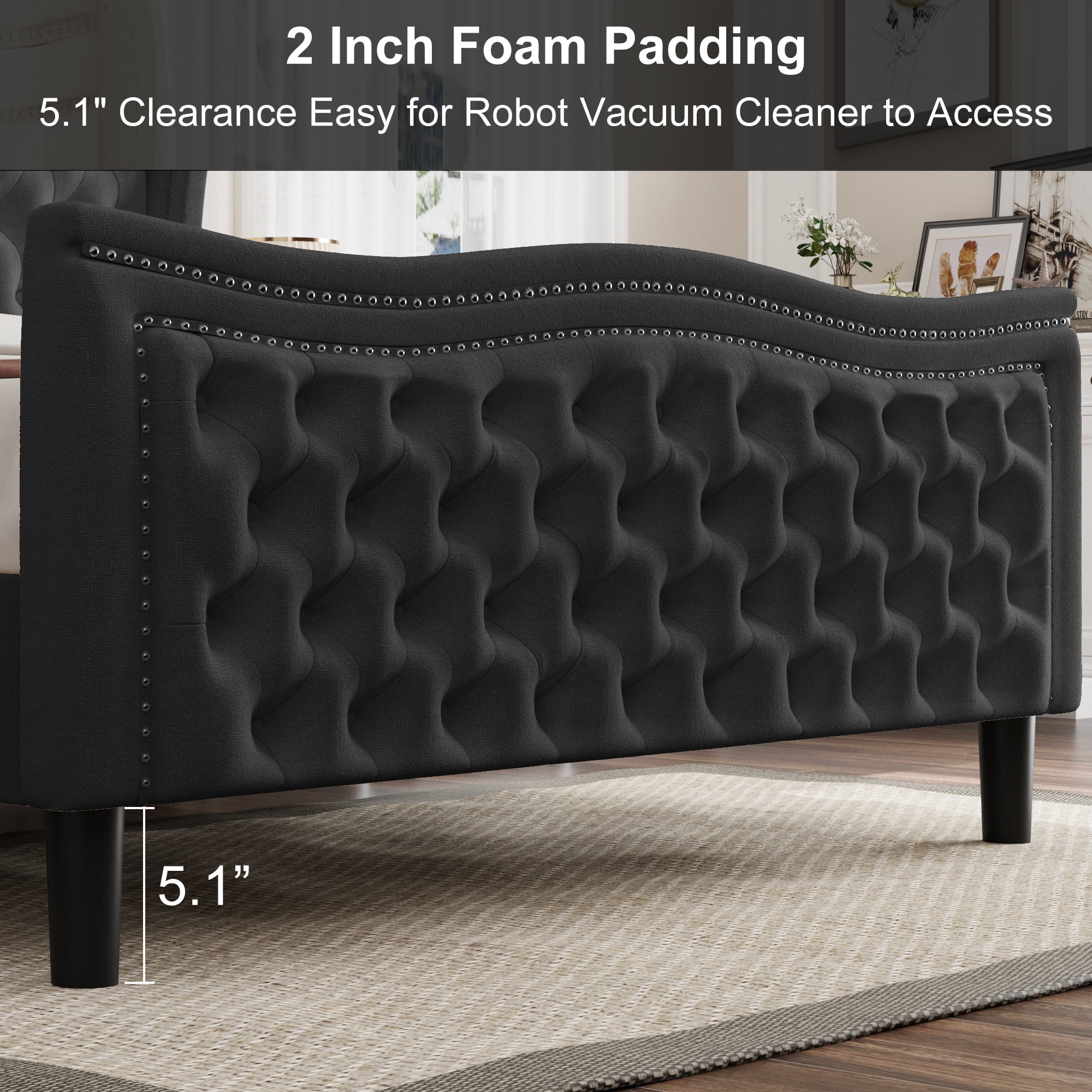 Miniyam Velvet Queen Size Bed with Button-Tufted Wingback Headboard for Adult, Black