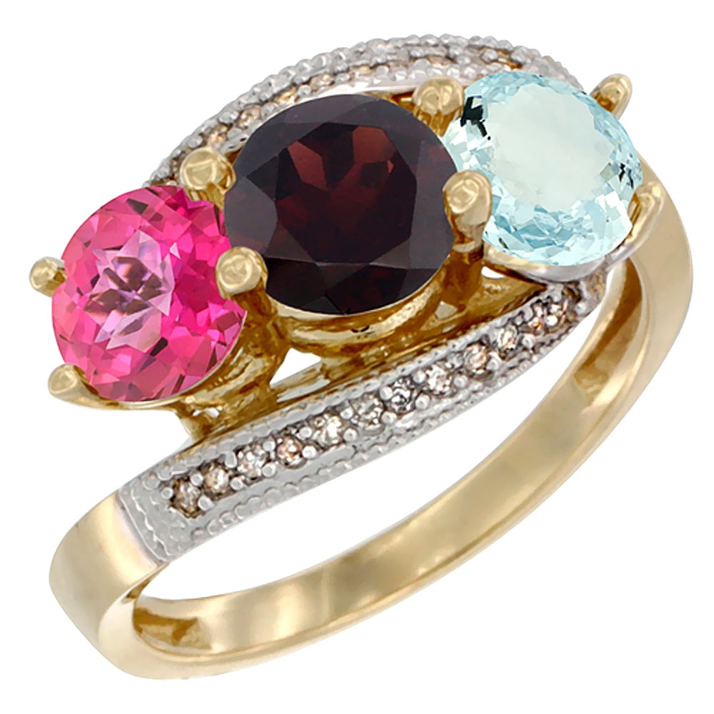10K Yellow Gold Natural Pink Topaz, Garnet & Aquamarine 3 stone Ring Round 6mm Diamond Accent, sizes 5 10 by WorldJewels
