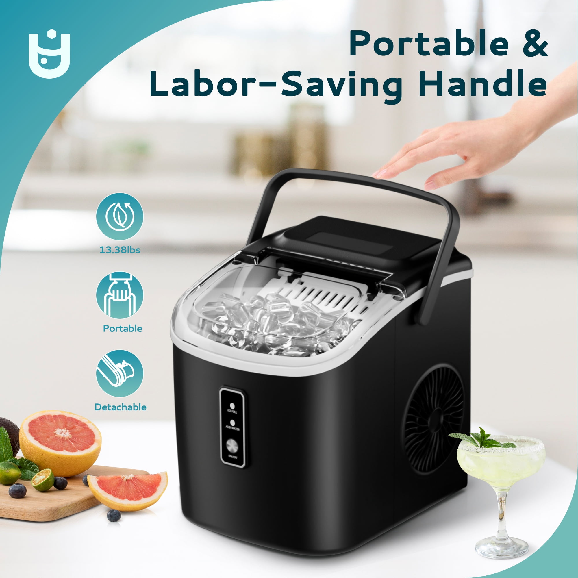 EUHOMY Countertop Ice Maker 26 lbs/Day Portable Self-Cleaning, 9 Bullet Ice in 6 Min, Black