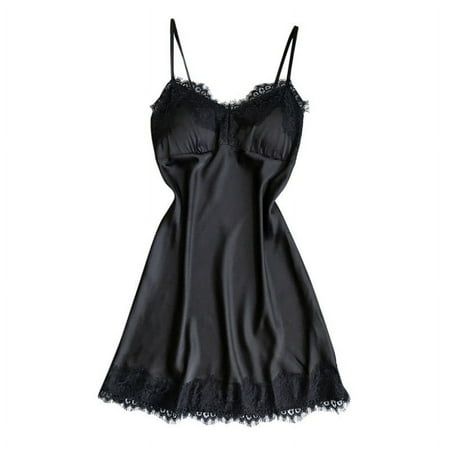 Women Lace Satin Silk Babydoll Lingerie Nightdress V Neck Pajama Sleepwear