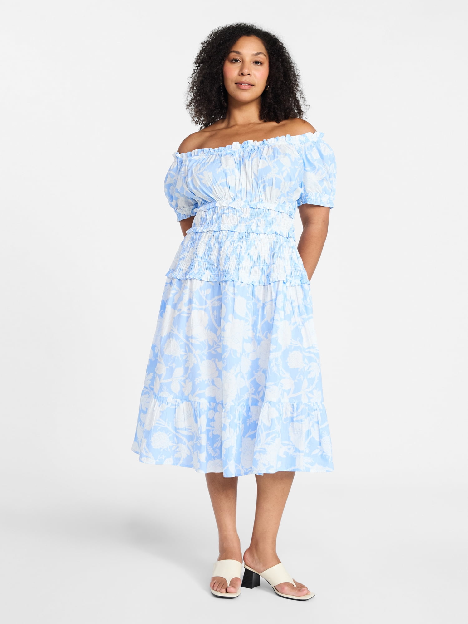 Time and Tru Women's Smocked Cotton Peasant Dress with Short Sleeves, Sizes XS-XXXL