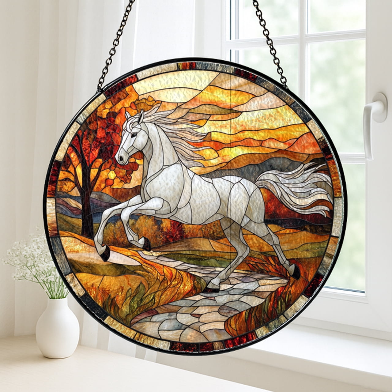 Running Horse Window Hanging, Faux Stained Glass Forest Design for Horse Lovers and Home Accents