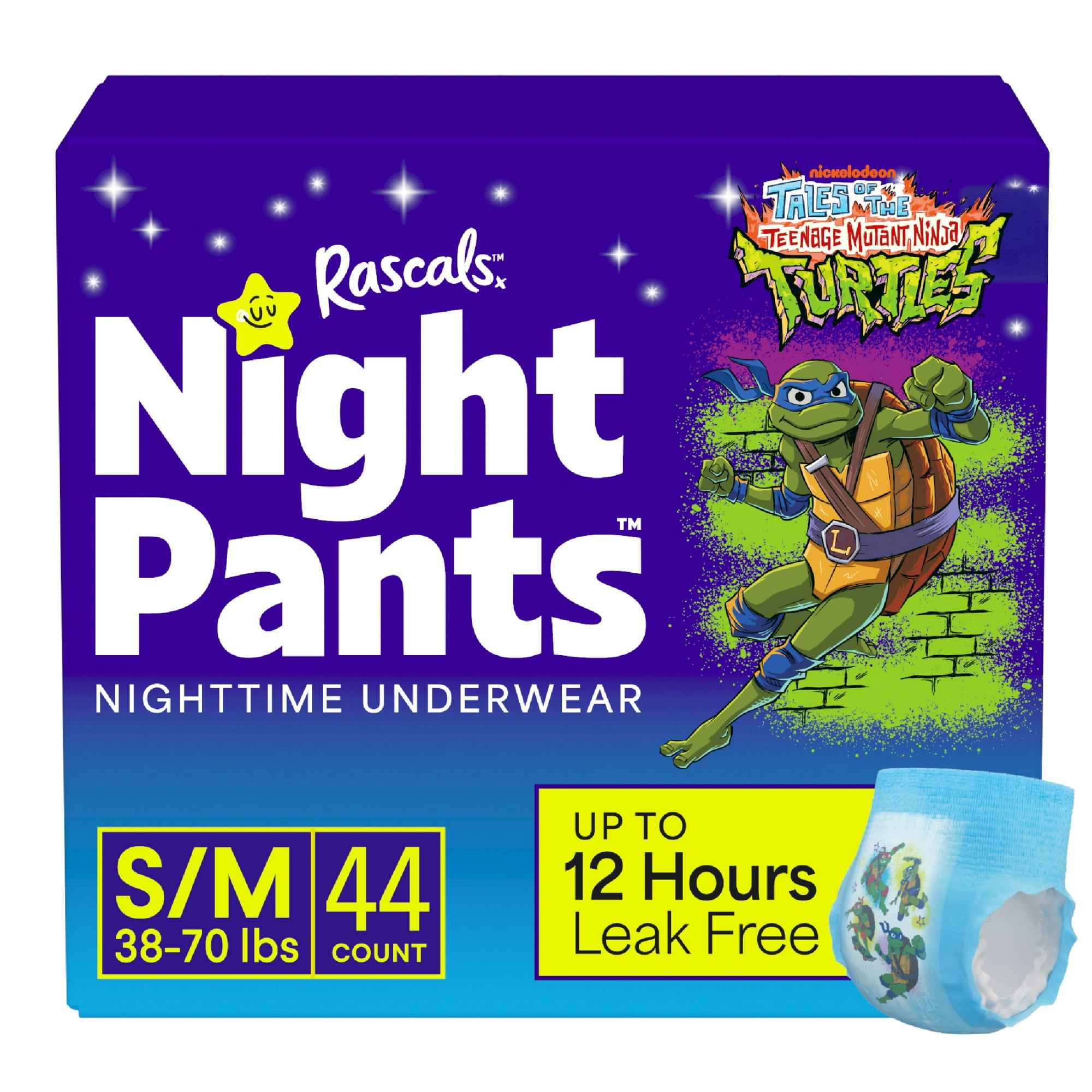 Rascals Night Pants Absorbent Boys Bedwetting Underwear, Teenage Mutant Ninja Turtles, S/M, 44 Count