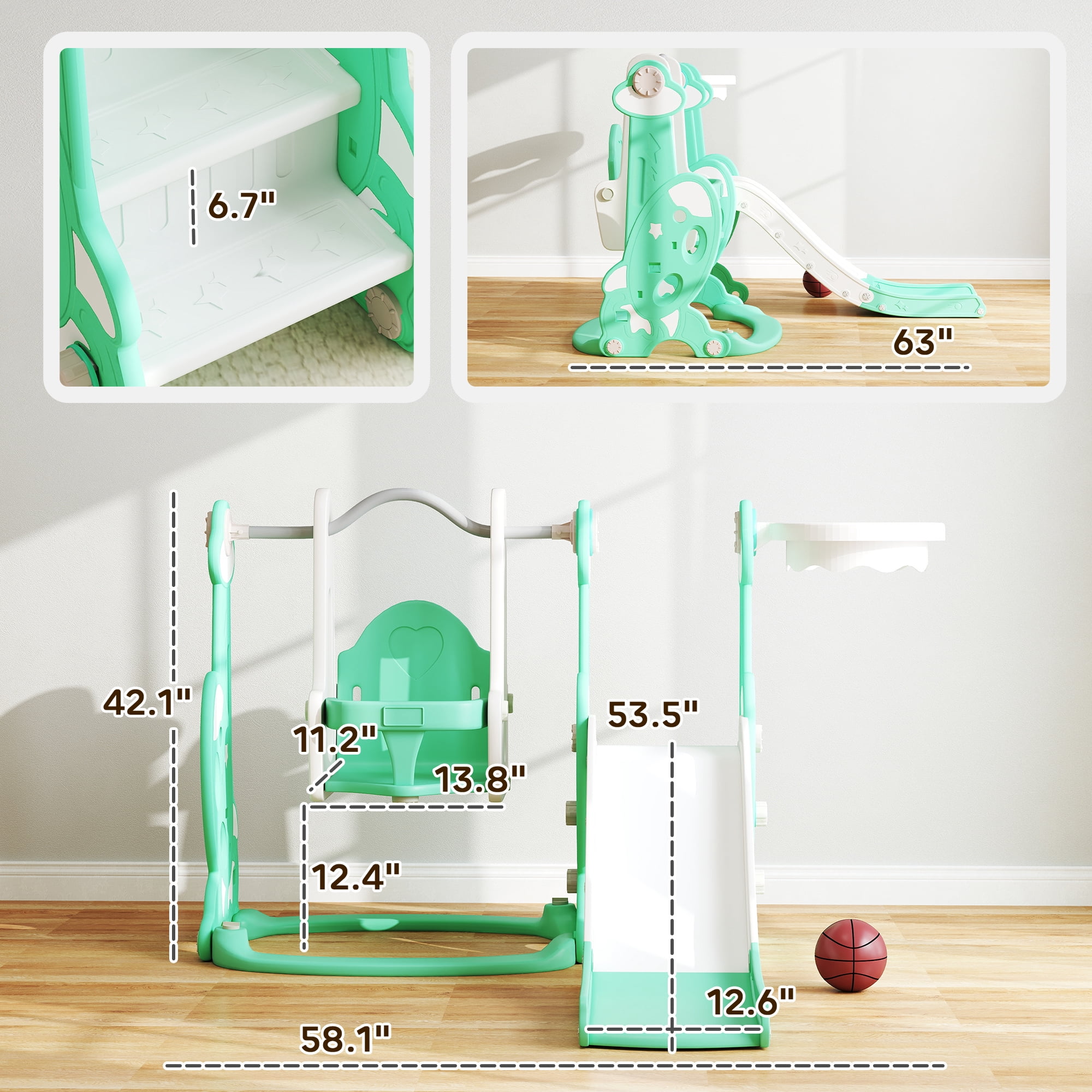 Qaba 4 in 1 Toddler Slide and Swing Set, Indoor Kids Slide for Ages 1.5-4, Toddler Playset Playground with Climber, Basketball Hoop, Green