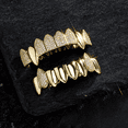 thumbnail image 4 of Copper Zirconia Vampire Fangs Grillz Set, Gold & Silver Tone Iced Teeth Caps with Square Accents,Top and Bottom Dental Jewelry for Hip Hop Parties, 4 of 7