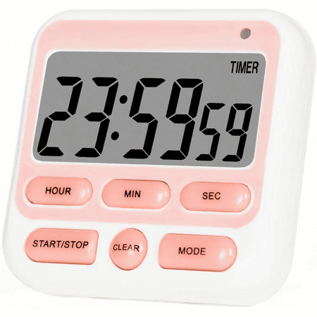 

Digital Kitchen Timer ON/Off Switch 12/24 Hour Clock and Silent Timers Large LCD Display Loud Alarm and Strong Magnet (Pink)