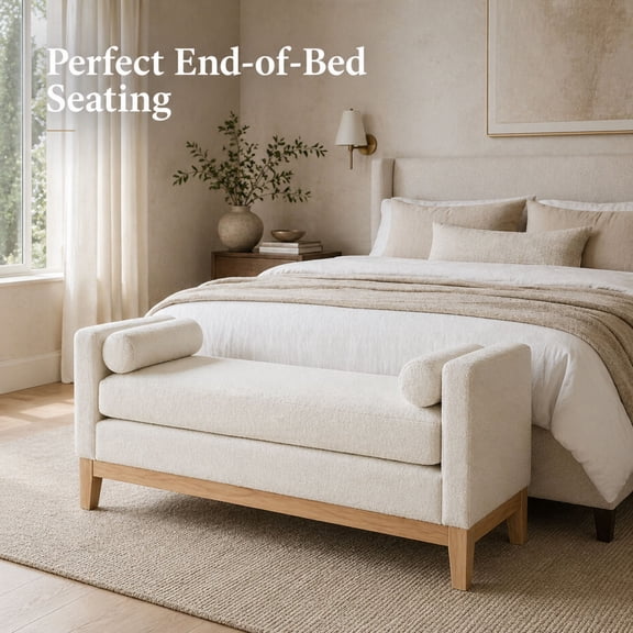 GOMYHOME Boucle Upholstered Bench with Arms, Solid Wood Frame End of Bed or Entryway Seating