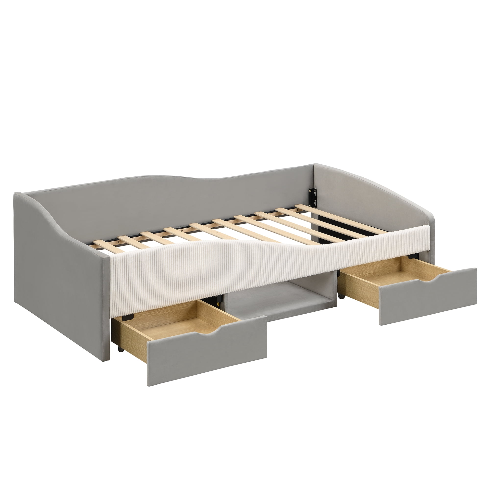 Mintazer Kids Twin Cool Upholstered Daybed Frame with 2 Storage Drawers & Open Shelf & Guardrail for Todder Boys Girls, Gray