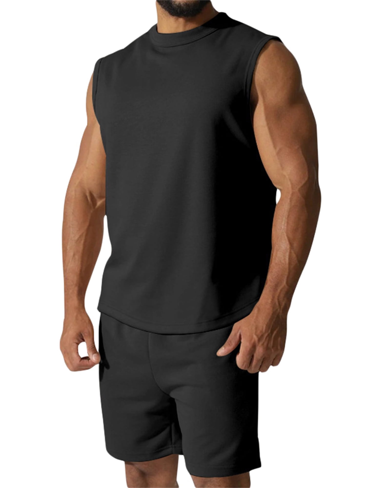 Pudcoco Men Workout Outfit Sleeveless Crew Neck Tank Top Elastic Waist