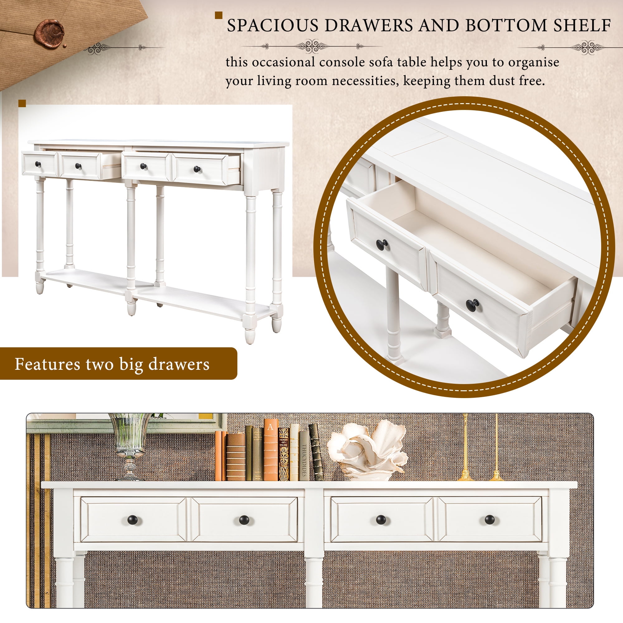Wooden Console Table with Two Drawers and Bottom Shelf,Antique Entryway Table for Hallway Living Room,Ivory White