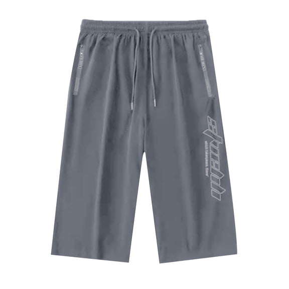 LIIPEE Mens Athletic Pants Summer Letter Print Drawstring Waist Loose Fit Cropped Pants With Pockets Male Comfortable Everyday Trousers,L
