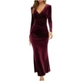thumbnail image 2 of Oksale Womens Velvet Dresses Sexy Wrap Deep V Neck Dress Slim Fit Full Length Dresses Elegant Long Sleeve Dress for Evening Party Wine S, 2 of 6