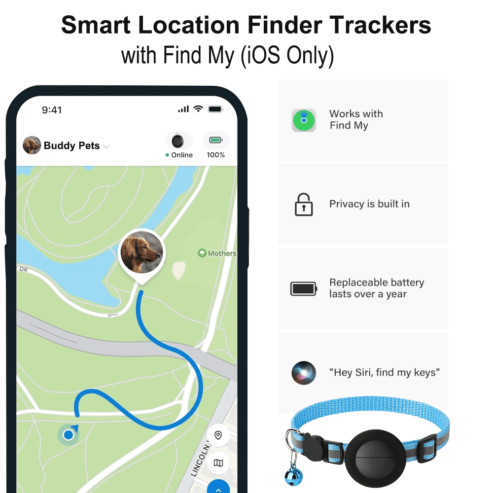 Smart Location Tracker and Pets Collar Holder with Dual Handles Leads, Personalized Smart Item Finder, MFi Certificated Dog Tracking Device, No Monthly Fee, Works with Apple Find My (iOS Only)