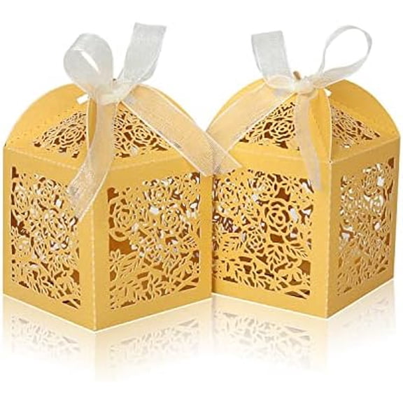 100pcs Laser Cut Favor boxes, Wedding Favors Candy Boxes with Ribbons and Tags, Small Gift Boxes for Wedding,Party,Baby Shower,Bridal Shower (100-2x2x2.76", Gold)