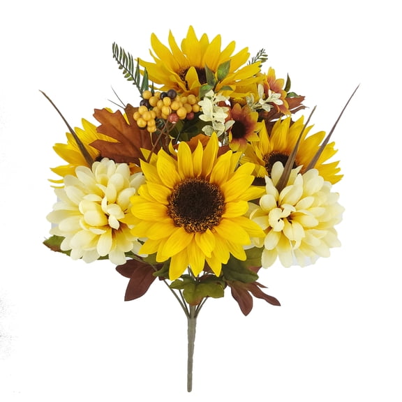 Mainstays 18.5in Indoor Artificial Floral Bouquet, Yellow Sunflower and Cream Mum.