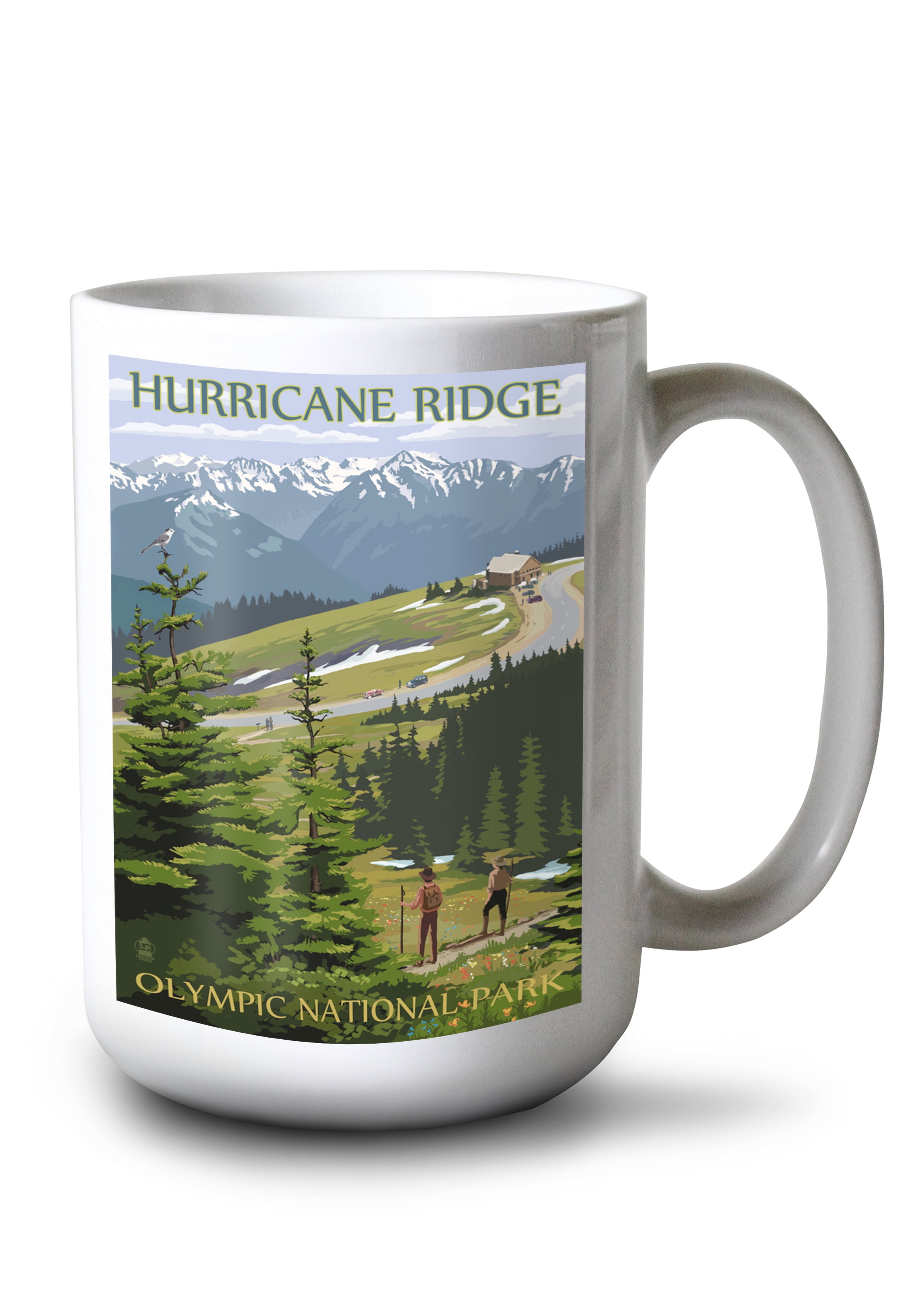15 fl oz Ceramic Mug, Olympic National Park, Washington, Hurricane Ridge and Hikers, Dishwasher