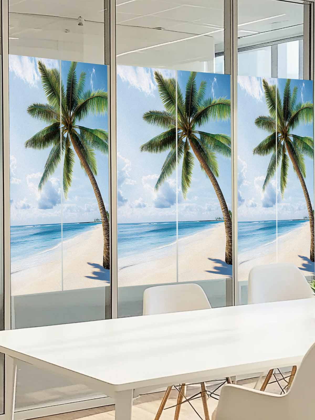 Ocean Beach Window Privacy Film, Coconut Tree Blue Sky Frosted Glass Window Clings Static Cling UV Heat Blocking Reusable Door Sticker for Bathroom 23.6 x 59 Inch