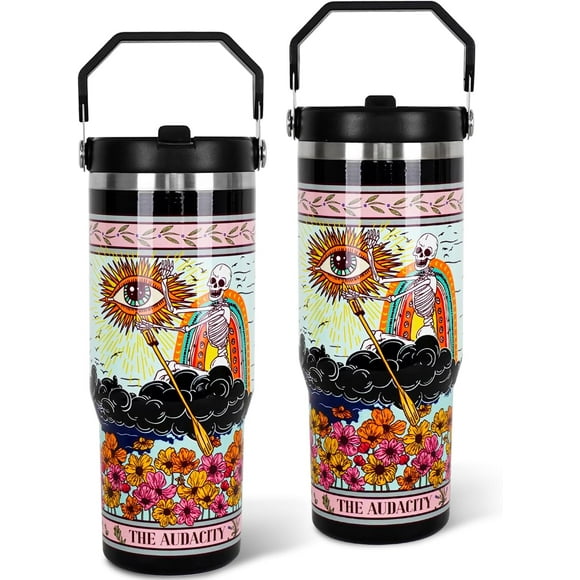 Gobelet Gothique 30 oz Halloween avec Poignée Supérieure Couvercle à Paille Rabattable, Étanche, Arc-en-Ciel Nuages Sombres Floral Acier Inoxydable Isolé sous Vide Tasse de Voyage Café, Cadeaux Gothiques pour Femmes Hommes, l'Audacity Squelette