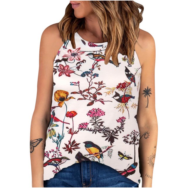Verano mujer moda cuello redondo sin mangas estampado Casual Tee Tops Wmkox8yi bvn3591