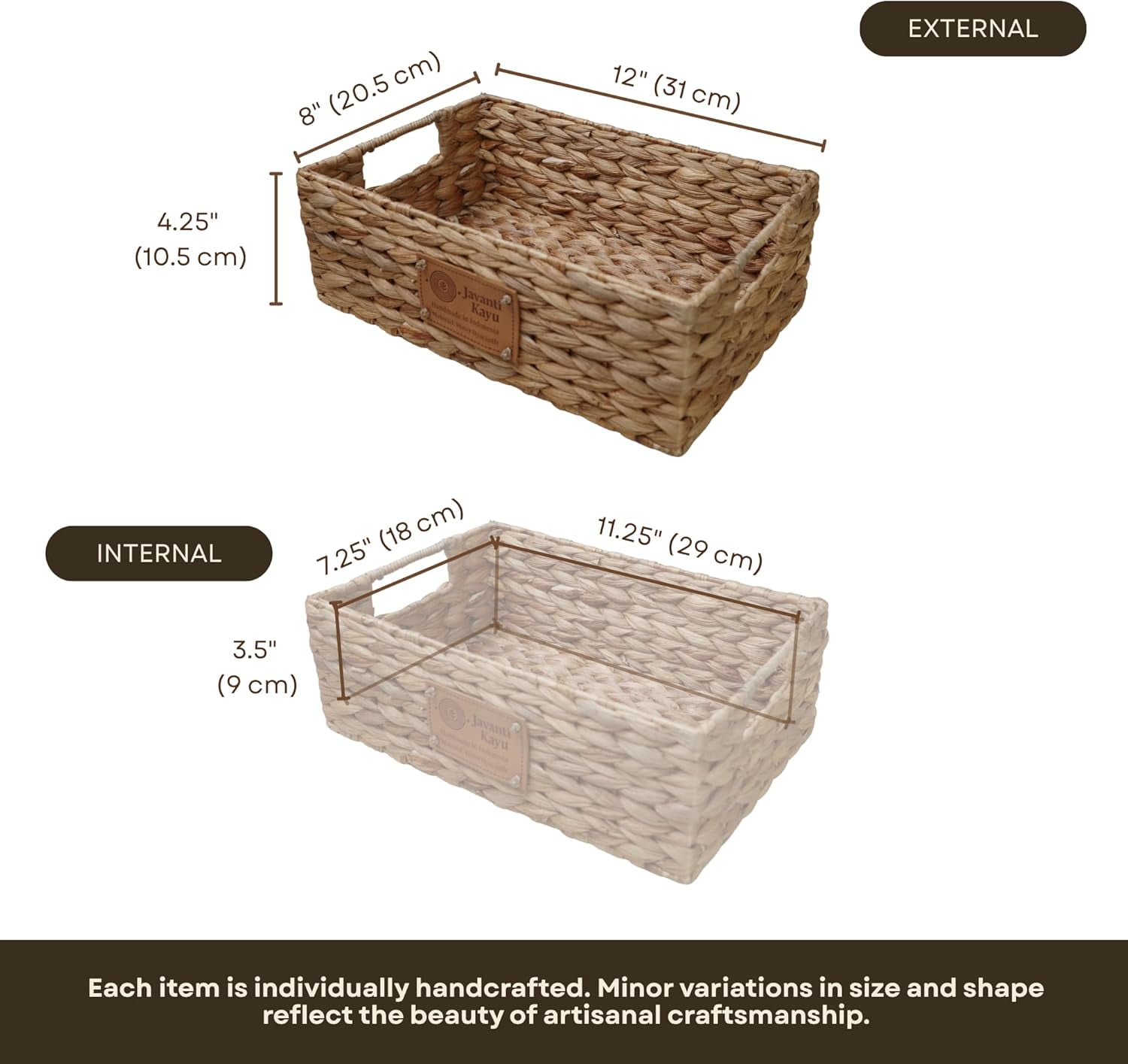 JAVANTI KAYU - Handmade Water Hyacinth Wicker Storage Basket with Handles – Rectangle Organizer Bin for Shelves, Blanket, Bathroom, Closet – Stackable – Decorative & Durable (2, S: 12" x 8" x 4")