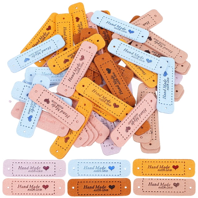 KAKOWELY 60 Pcs Leather Labels Handmade Embossed Tags Embellishment Knit DIY Accessories for Clothes Bags Shoes Hats,2.17"X0.59"X0.04"