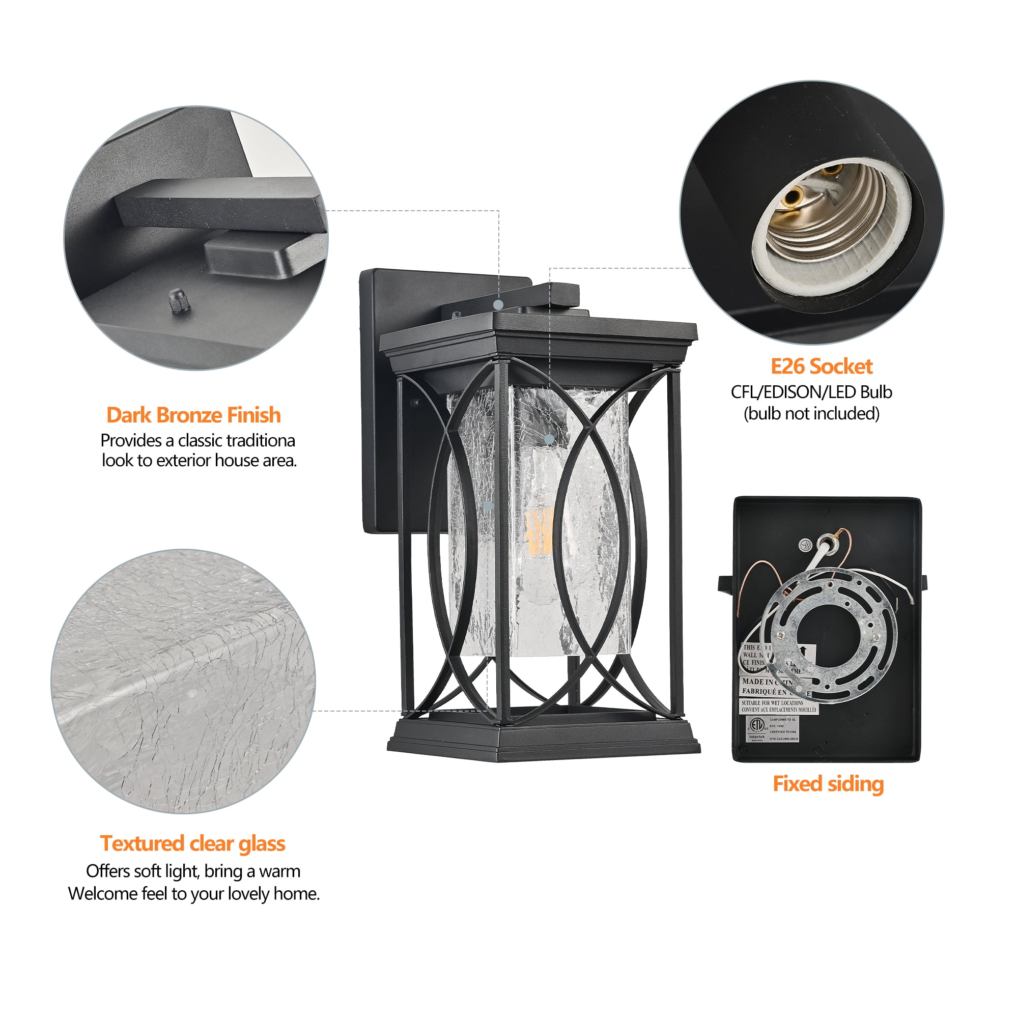 Black Outdoor Wall Lantern 14 Inch H with Crackled Glass Weather-Resistant Exterior Light for Porch, Black
