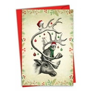 NobleWorks Christmas Greeting Card with 5 x 7 Inch Envelope (1 Card) Merry Christmas Holiday Vintage Farm Animals - Antlers C10184HXSG