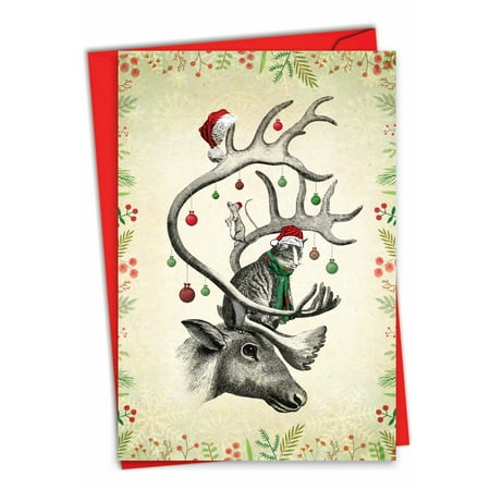 NobleWorks Christmas Greeting Card with 5 x 7 Inch Envelope (1 Card) Merry Christmas Holiday Vintage Farm Animals - Antlers C10184HXSG